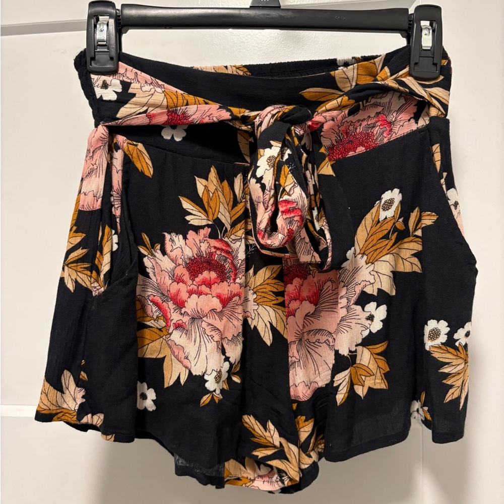 Billabong Black Floral Shorts with Tie Waist
